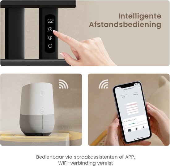 Intelligente afstandsbediening voor de zwarte handdoekradiator via spraakassistenten, app en wifi. Hand wordt getoond op touchscreen.