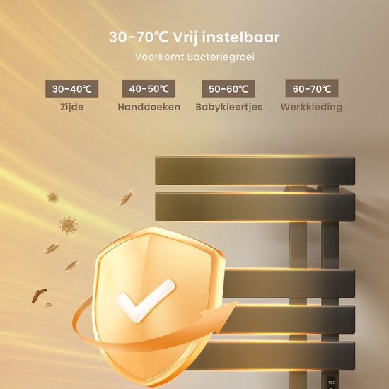 Zwarte handdoekradiator met temperatuurinstellingen van 30-70°C, voorkomt bacteriegroei. Scherm toont 55°C.