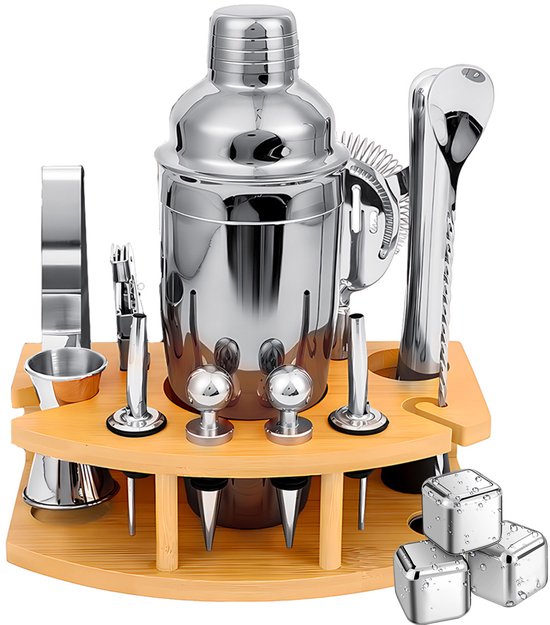Premium 15-delige Cocktail Set - 750ml RVS Cocktail Shaker met Maatbeker en Luxe Bamboe Accessoires - Compleet Bartender Set voor Thuis, Feesten en Professioneel Gebruik