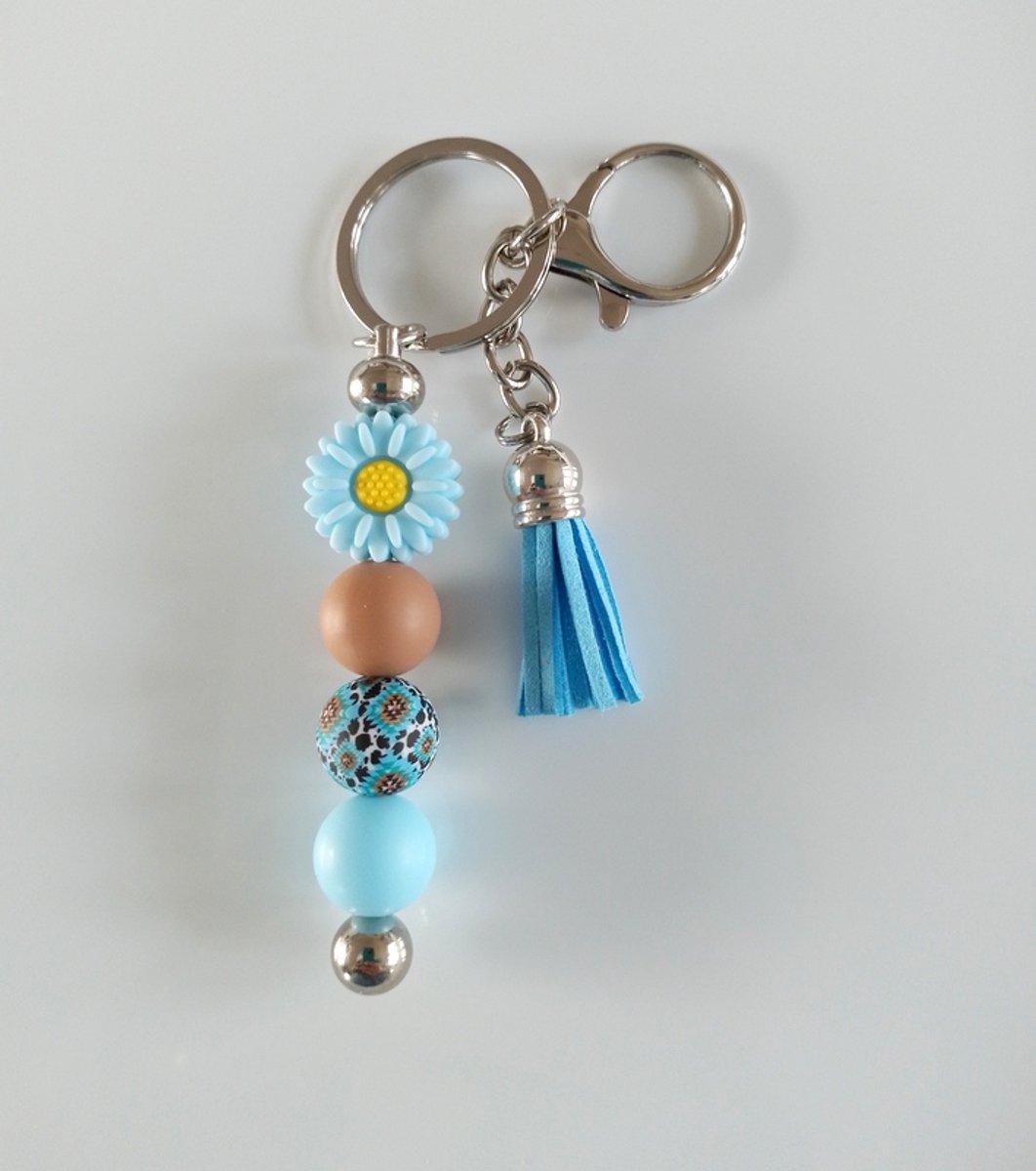 Sleutelhanger, tashanger met kralen en kwastje | blauw & bruin