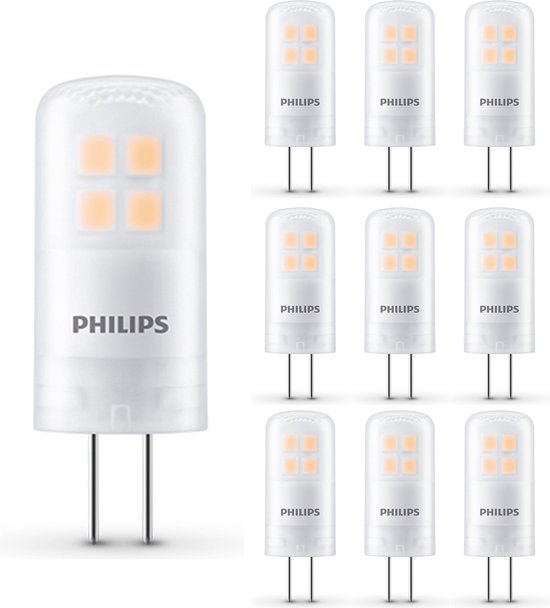 Verpakking van 10 Philips G4 LED lampjes, warm wit.