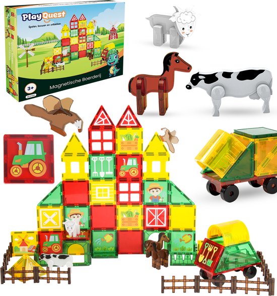 PlayQuest® Magnetic Tiles - Magnetisch boerderij speelgoed - 82 stuks - Montessori speelgoed - Magnetische tegels - bouwstenen - kinderspeelgoed
