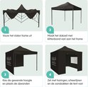 Stapsgewijze instructies voor het opzetten van de partytent: vouw het frame uit, maak het dak vast, kies de hoogte en plaats de zijwanden, zet de tent vast met haringen, scheerlijnen en zandzakken.