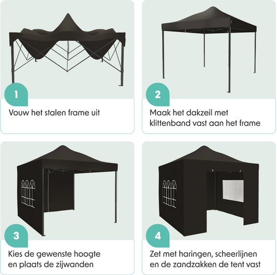Stapsgewijze instructies voor het opzetten van de partytent: vouw het frame uit, maak het dak vast, kies de hoogte en plaats de zijwanden, zet de tent vast met haringen, scheerlijnen en zandzakken.