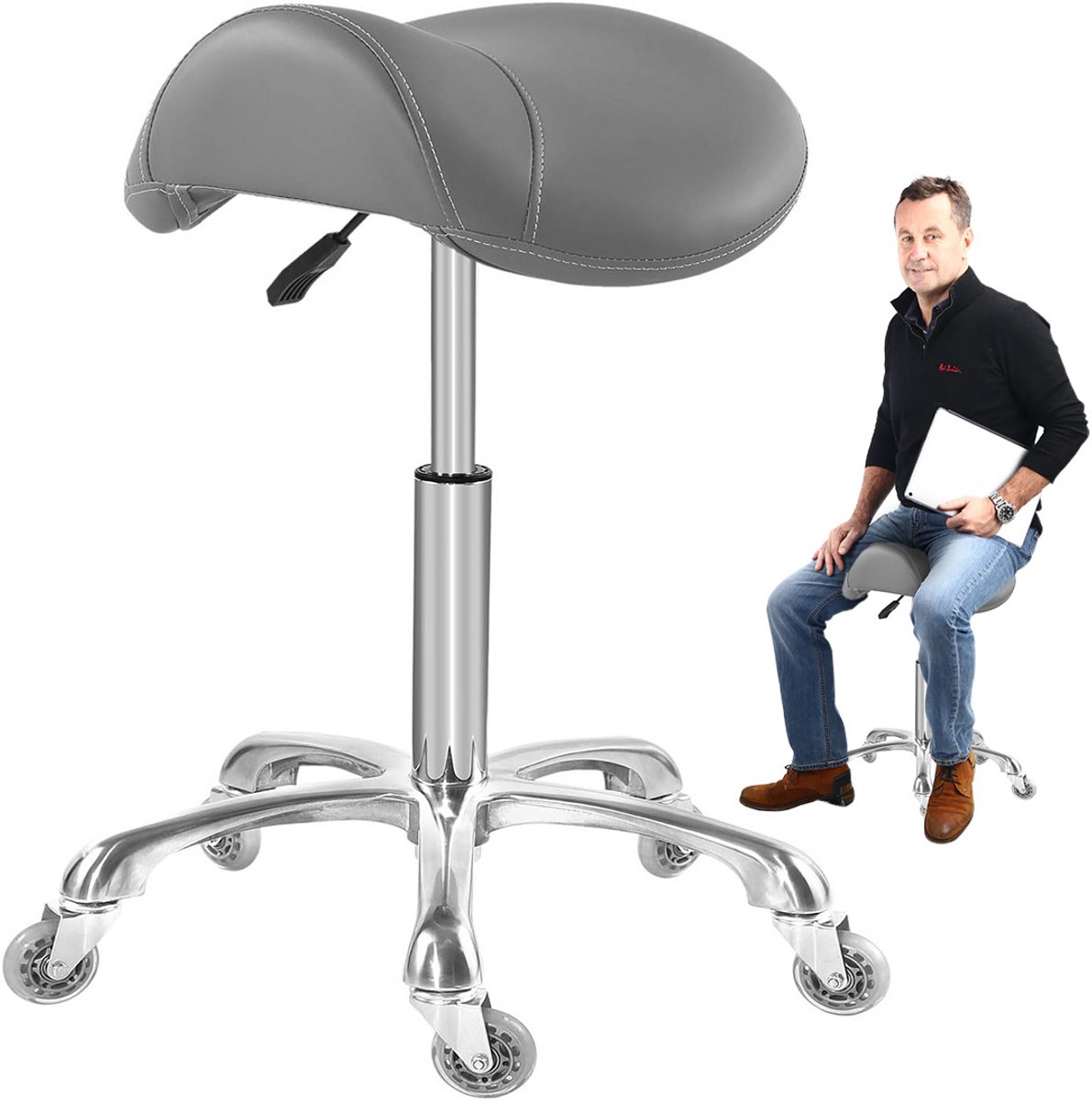 ApexArte® Zadelkruk op Wielen - Kapperskruk Ergonomisch - Tabouret - Grijs