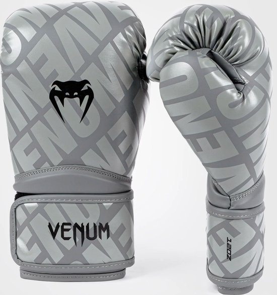 Grijze bokshandschoenen met Venum-logo en repetitief patroon. 12 OZ.