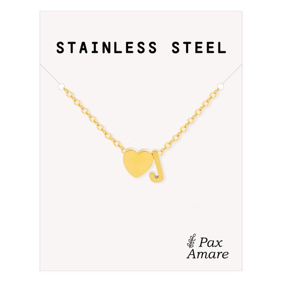 Letter J Ketting Goudkleurig - Stainless Steel - Initiaal & Hartje Hanger - Initialen Ketting op Cadeau Kaartje - Pax Amare