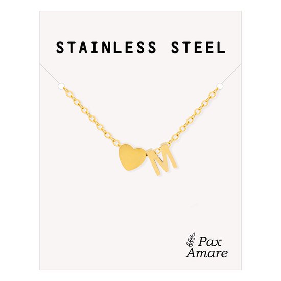 Letter M Ketting Goudkleurig - Stainless Steel - Initiaal & Hartje Hanger - Initialen Ketting op Cadeau Kaartje - Pax Amare