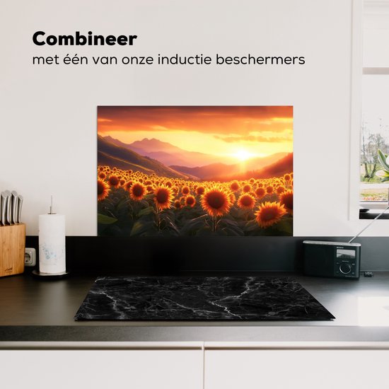 Crédence de Cuisinière en Aluminium 70x50 cm - Tournesols - Coucher de soleil - Paysage - Écran Pare-éclaboussures pour Plaque de Cuisson - Protection Murale