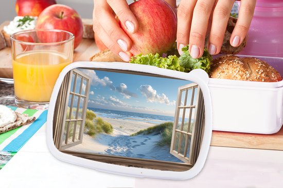 Boîte à pain blanche - Lunchbox Vue - Plage - Fenêtre - Dunes - Mer - Boîte à lunch 18x12x6 cm