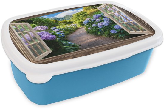 Broodtrommel Blauw - Lunchbox Doorkijk - Hortensia - Pad - Natuur - Brooddoos 18x12x6 cm - Brood lunch box - Broodtrommels voor kinderen en volwassenen