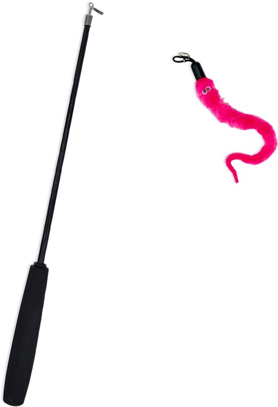 Canne à pêche noire pour chat avec un ver rose moelleux sur fond blanc.