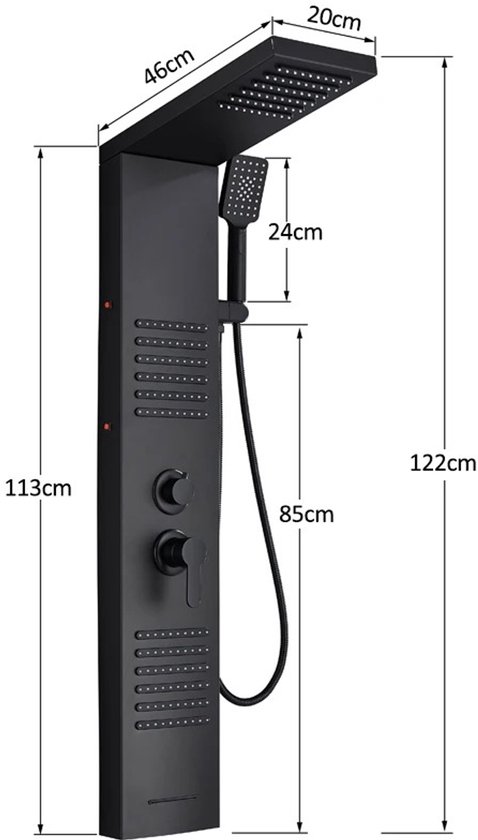 Zwart douchepaneel met afmetingen: 113cm hoog, 46cm breed. Douchekop: 20cm.