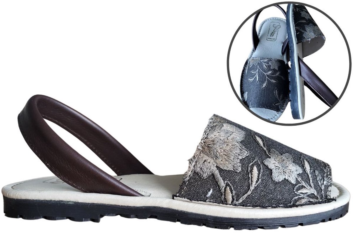 Stravers - Maat 35 Menorquinas Geweven Bruin Bloemmotief Spaanse Sandalen Dames Kleine Maten
