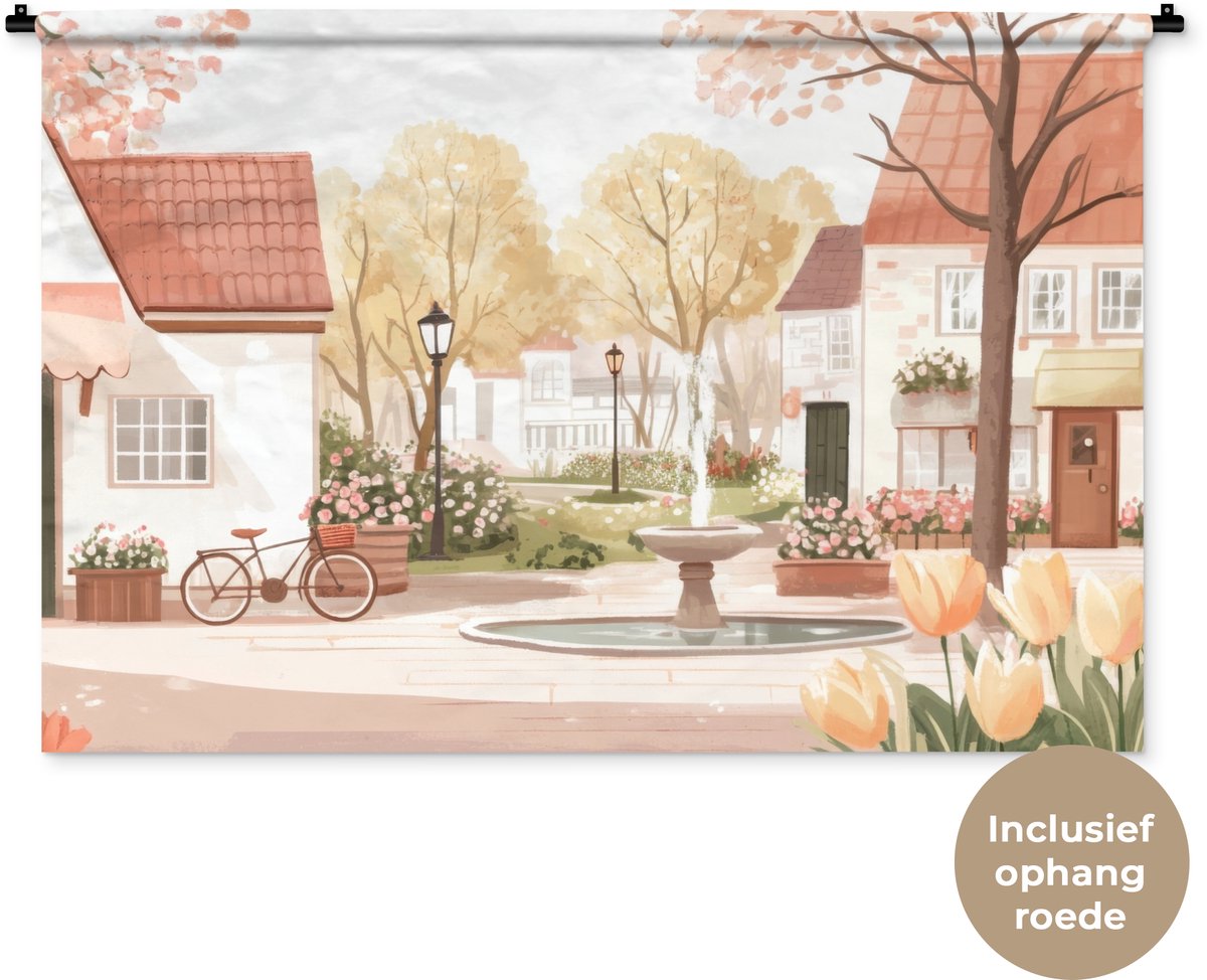 Wandkleed 120x80 cm - Wanddoek Dorpsplein - Fontein - Tulpen - Wandtapijt - Wandkleden