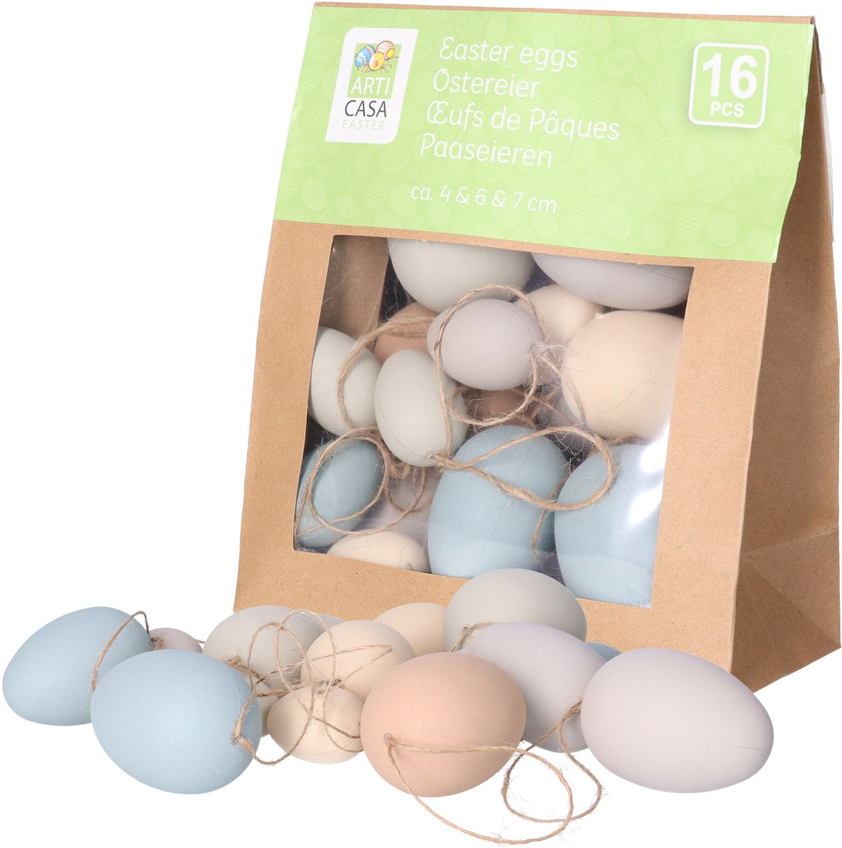 Arti Casa Paaseieren hangdecoraties - kleuren mix - 16x stuks - 4/6/7 cm - plastic - Pasen versiering - met touwtjes