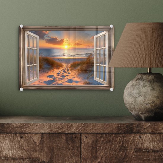 MuchoWow® Peinture sur verre 30x20 cm - Peinture sur verre acrylique - Vue à travers - Plage - Dunes - Coucher de soleil - Photo sur verre - Décoration murale salon - Décoration murale chambre - Peintures
