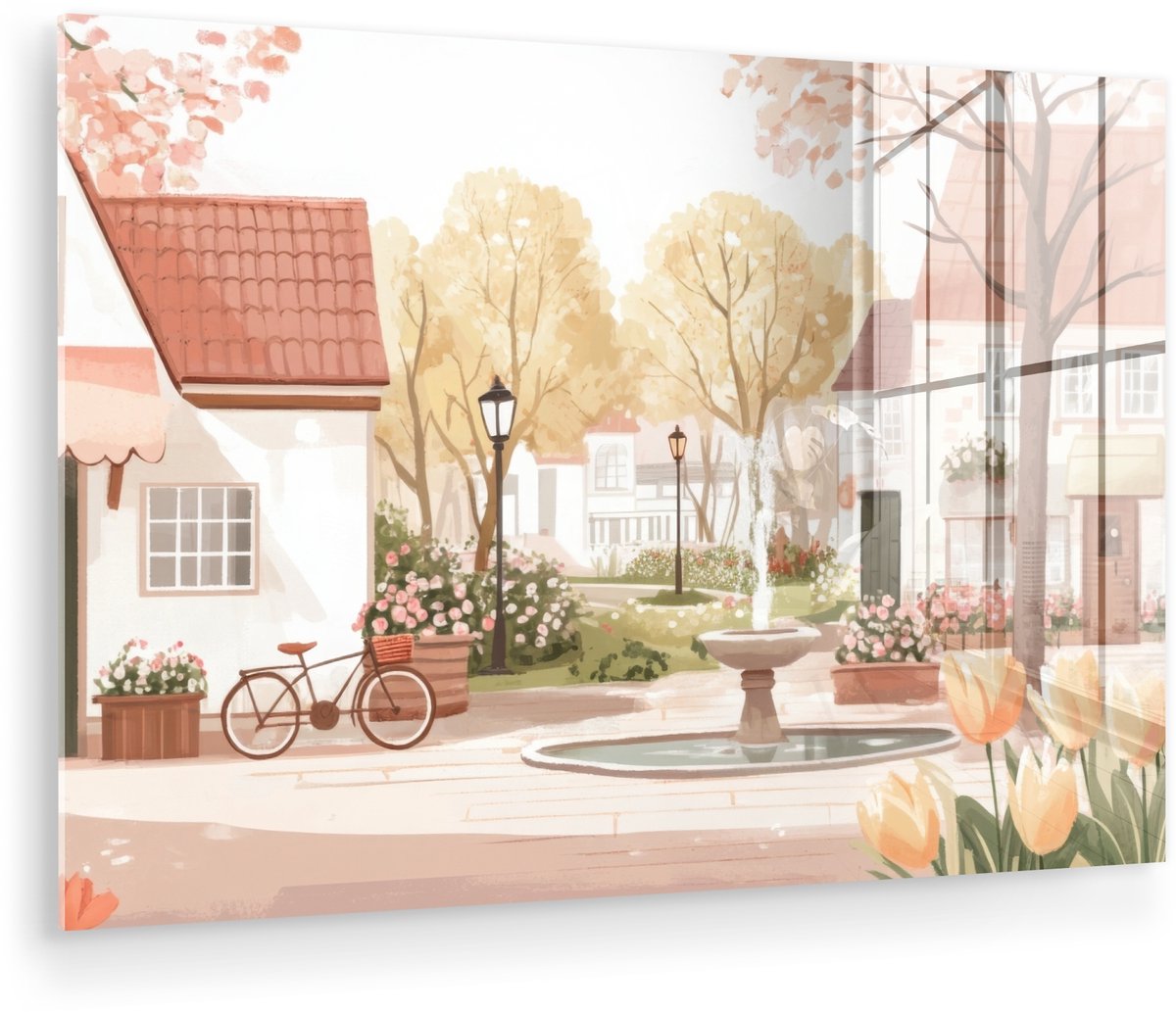 MuchoWow® Glasschilderij 90x60 cm - Schilderij acrylglas - Dorpsplein - Fontein - Tulpen -