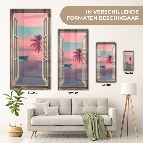 MuchoWow® Glasschilderij 60x120 cm - Schilderij acrylglas - Doorkijk - Strand - Palmboom - Tropisch - Foto op glas - Muurdecoratie woonkamer - Wanddecoratie slaapkamer - Schilderijen