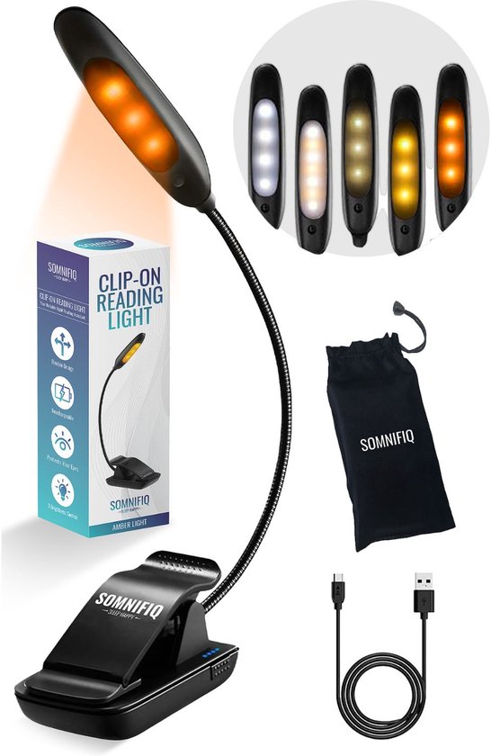 Somnifiq Leeslampje voor Boek met Klem – Klemlamp voor in Bed - LED Boeklampje Dimbaar & 3 Lichtkleuren - Knijplamp - Bevordert Slaap - USB Oplaadbaar