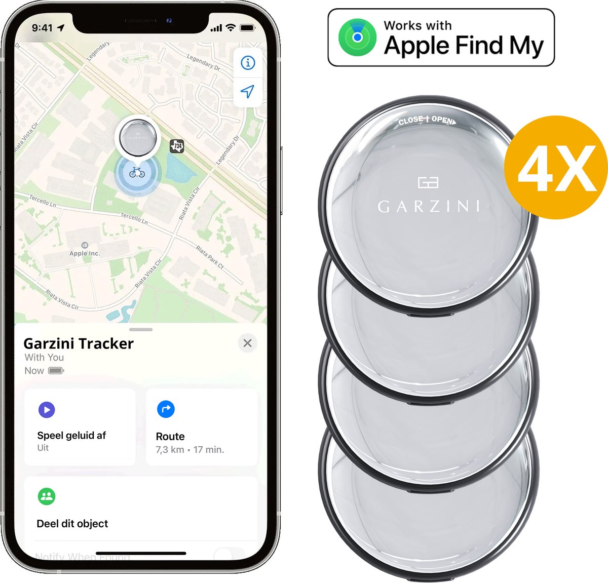Garzini Bluetooth Tracker 4 Pack, Smart Tag, GPS Tracker, Keyfinder Geschikt Voor Apple, Koffer Tracker, Geen Abonnement, Batterij Vervangbaar, Zwart