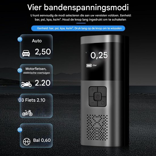 Elektrische Fietspomp draagbare luchtpomp - 6000 mAh batterij - 150 PSI compressor - LCD-scherm - 4 modi - auto's - fietsen - ballen - zaklamp - powerbank van Merkloos — afbeelding 3