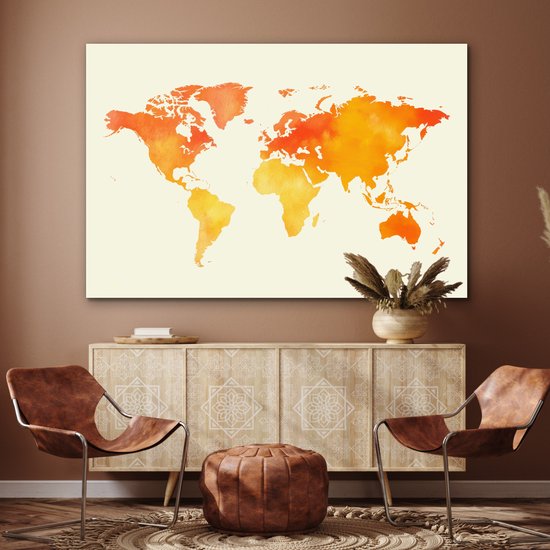 Tableau aluminium 180x120 cm - Décoration murale métal - Wereldkaart - Oranje - Coloré - Décoration murale métal salon - Décoration industrielle - Photo sur dibond - Accessoires industriels chambre