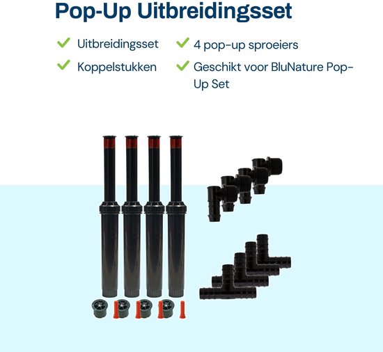 Pop-Up Uitbreidingsset: 4 pop-up sproeiers, koppelstukken en sproeiers.