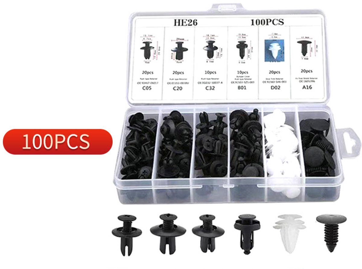 Bekledingwipper - Bekledinghevelset - Bekledingwipperset - 5 Wippers - Assortimentsdoos - Clips - Fender clips - 100 stuks - 5 tools - Dashboard - Deurpaneel