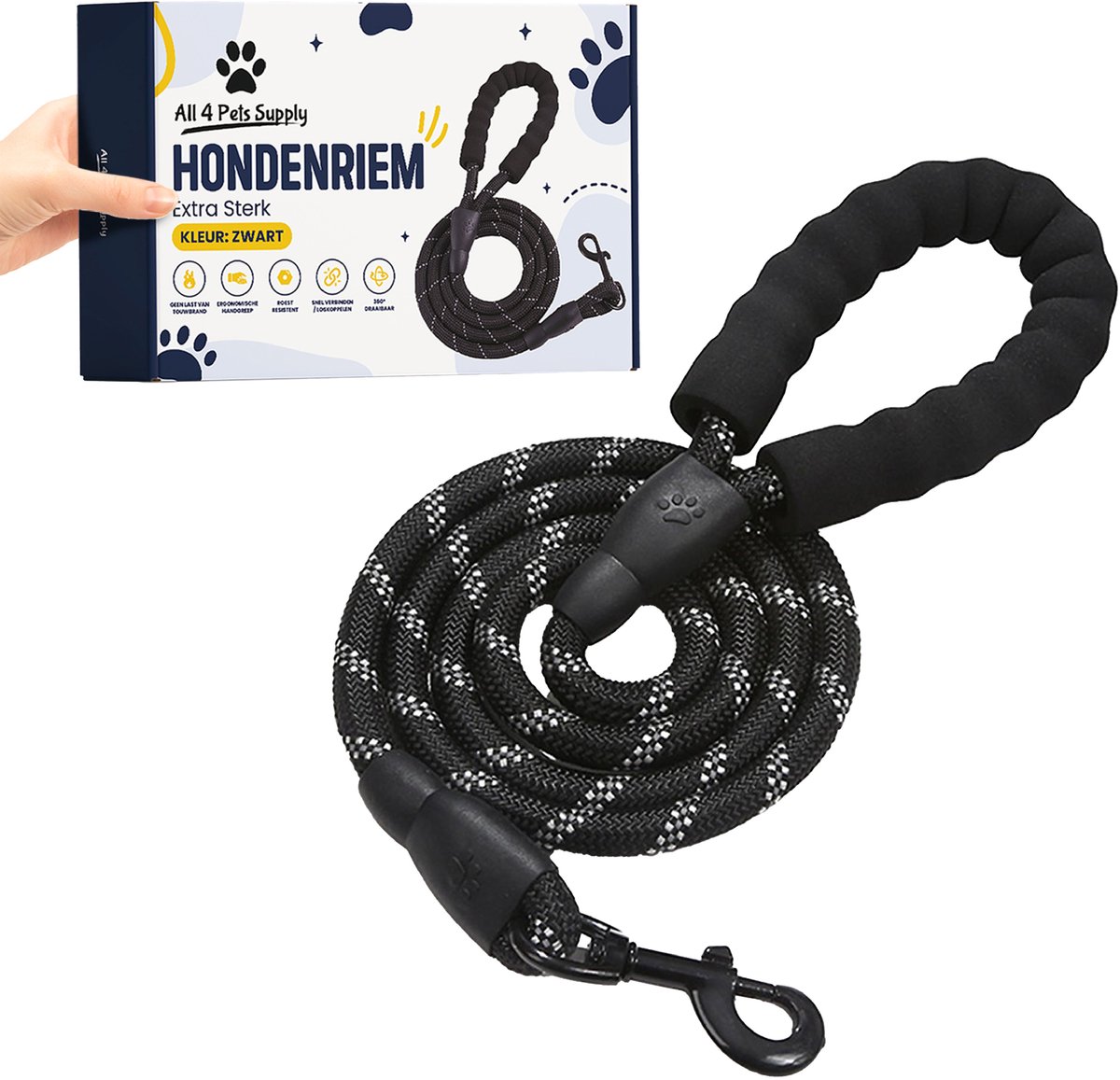 All 4 Pets Supply Reflecterende Hondenriem - 1,5 meter - Zwart - Hondenleiband / Hondenlijn