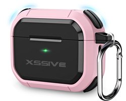 Schokbestendig Hoesje - Geschikt voor Apple AirPods 4 - Hardcase Met Sleutelhanger - Zwart & Roze
