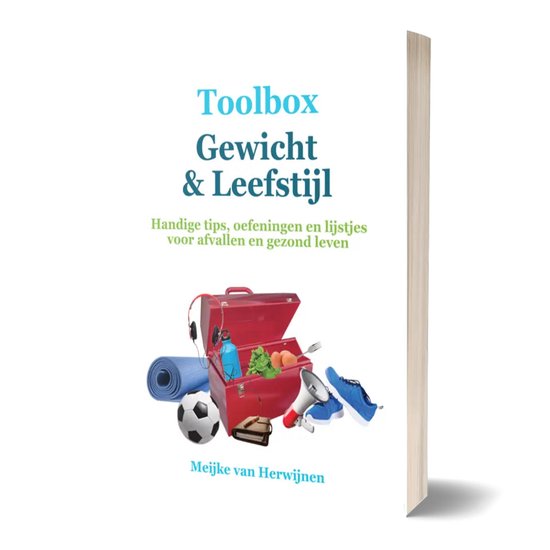 Boekomslag met de titel "Toolbox Gewicht & Leefstijl", met een gereedschapskist, sportattributen en gezonde voeding.