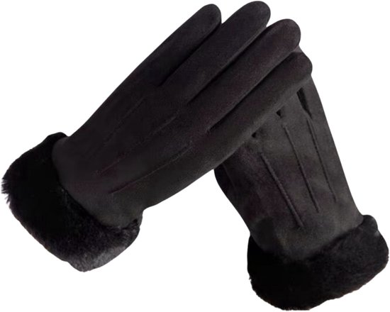 Stijlvolle Dames Handschoenen - Winter - Touchscreen Handschoenen - Suède Pluche - Touchscreen - 1 Paar - Dik Gevoerd - Dames Handschoenen Fleece - Zwart - One Size - Warme Wanten - Schaatshandschoenen - Gloves - Bont Rand
