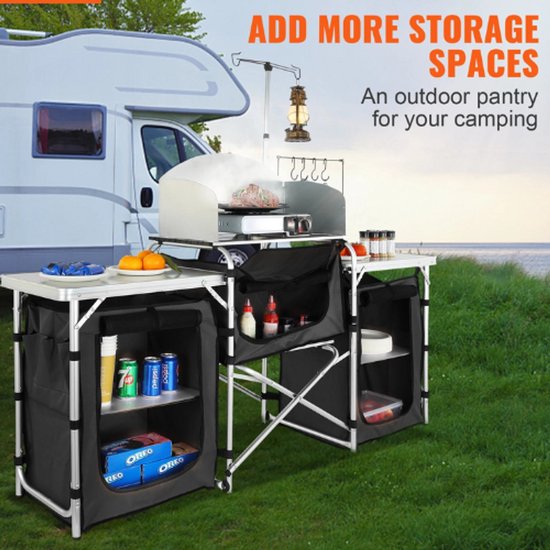 Hanimo Campingkeuken - Campingkeuken inklapbaar - Camping Kast - Kampeer Keuken - Buitenkeuken - Mobiele Keuken - Kastjes - Tafelbladen - 174x176x46cm - Zwart — afbeelding 5