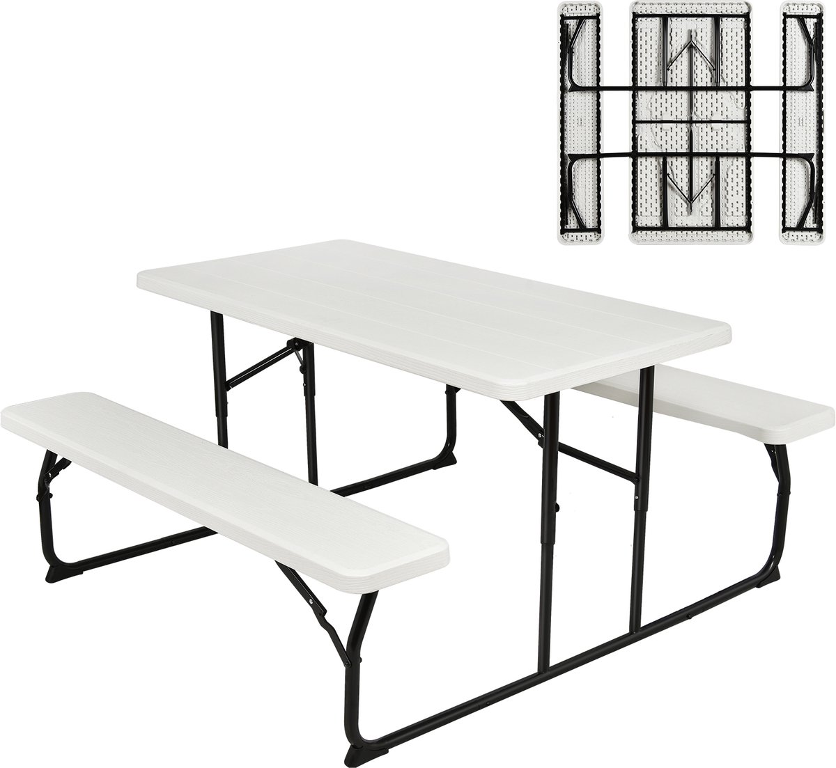 COSTWAY Inklapbare picknicktafel met banken, 136 cm, campingtafelset voor buiten, biertentgarnituur, biertafelgarnituur voor terras, tuin (wit)