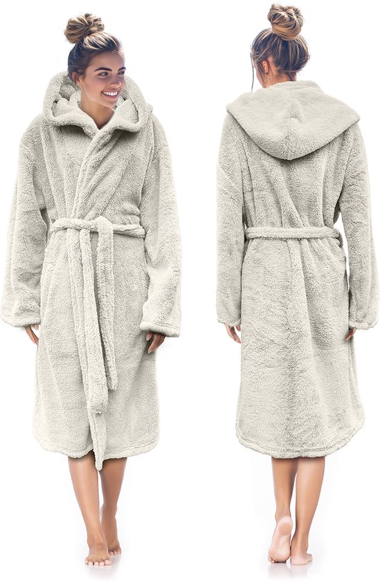 LINNICK Teddy Fleece Badjas met Capuchon inclusief Teddy Tas - Off White - L - Badjas Dames - Badjas Heren