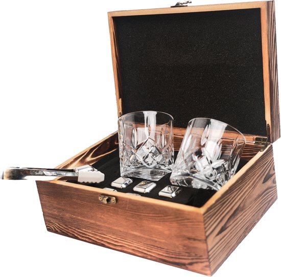 2BEHOME® Whiskey set met 2 whiskey glazen en 6 whiskey stones – Whiskeyglazen – Whisky – Cadeau voor man/vrouw