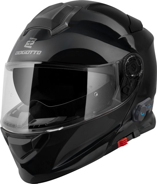 Casque modulable Bogotto noir avec visière et mentonnière fermées. Dispositif de communication Bluetooth bleu sur le côté.
