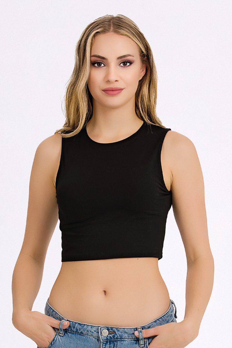 Crop Top Dames en Meisjes ilke® - Mouwloos - Ronde Hals - Zwart - L