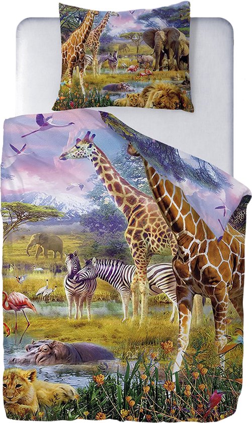 Ulticool Dekbedovertrek Safari Dieren Natuur 140x200 cm - Kussensloop 60x70 cm - voor Dekbed 1 Persoons Kamer Beddengoed Decoratie Slaapkamer Accessoires Kinderkamer Babykamer Kinderen Meisjes Peuter Flamingo Cadeau Jongen 4 5 6 7 8 9 10 11 jaar