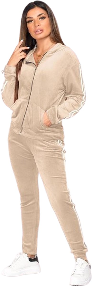 Premium Dames Trainingspak / Tracksuit / Joggingspak | Sport kleding | Beige-Wit - L