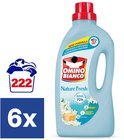 Een fles Omino Bianco Nature Fresh vloeibaar wasmiddel, met het label '6x' en '222 wasbeurten'.