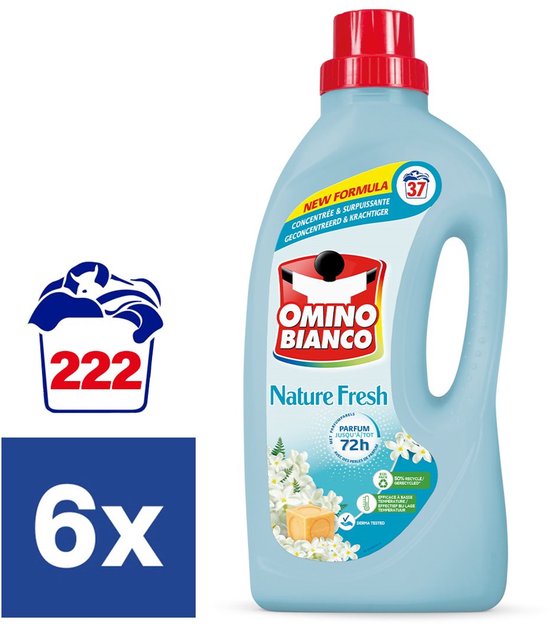 Een fles Omino Bianco Nature Fresh vloeibaar wasmiddel, met het label '6x' en '222 wasbeurten'.