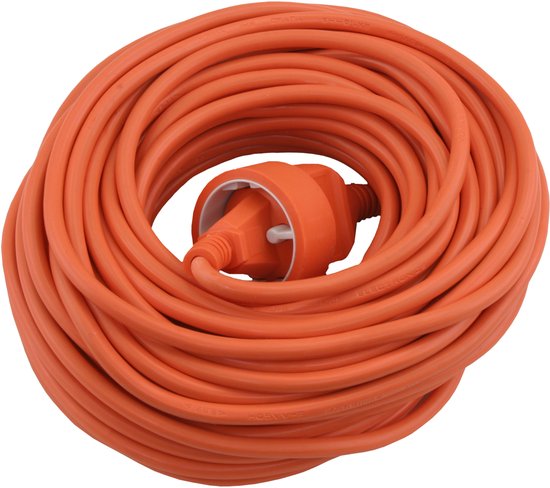 Oranje verlengsnoer, 20 meter, met aan het einde een stekker en stopcontact.