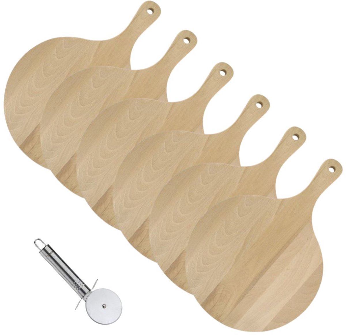 6 Houten pizzaplanken en tarte flambée planken 30 cm en RVS pizzaroller Fackelmann