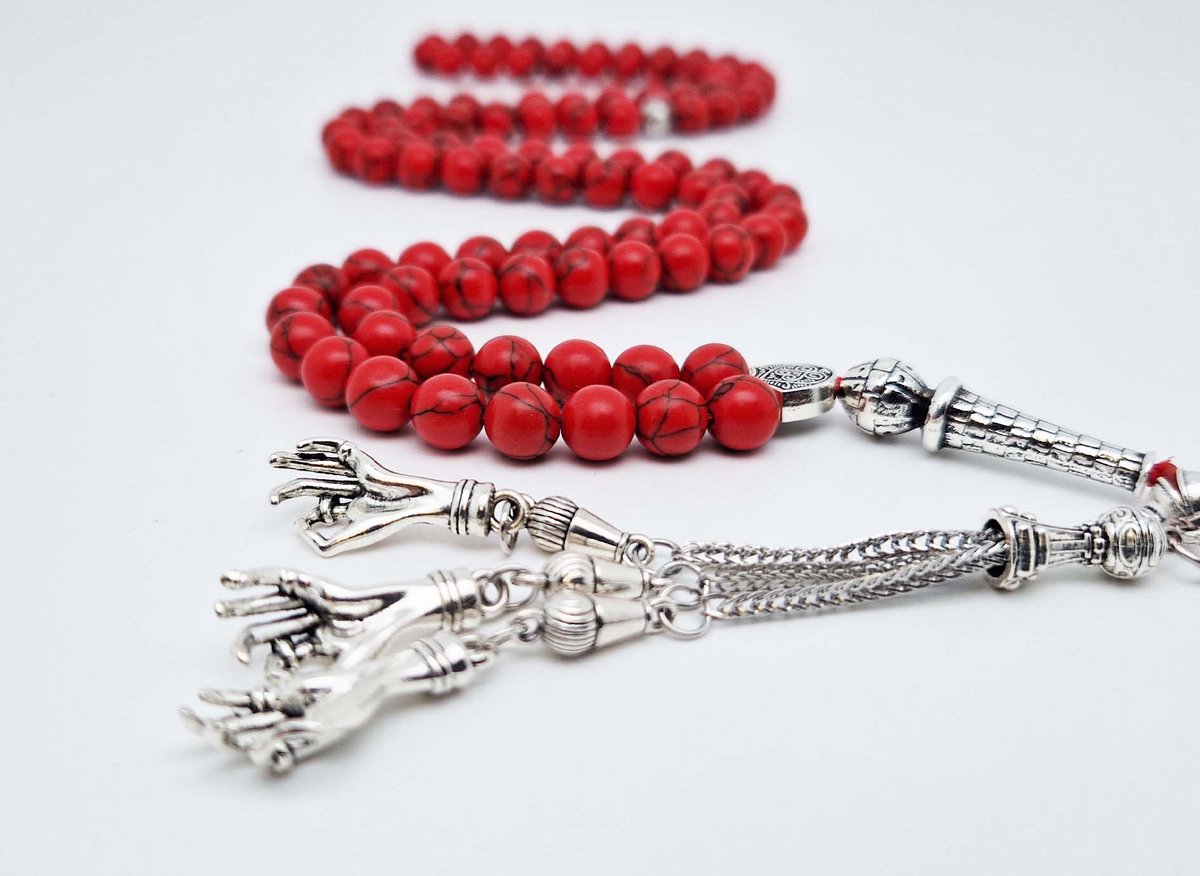 Handgemaakte tesbih "Tasbih" natuursteen "Rode howliet" - Aantal kralen 99 - Diameter kralen 8MM - met metaal tassel "Palm" - Een mooi cadeau-idee