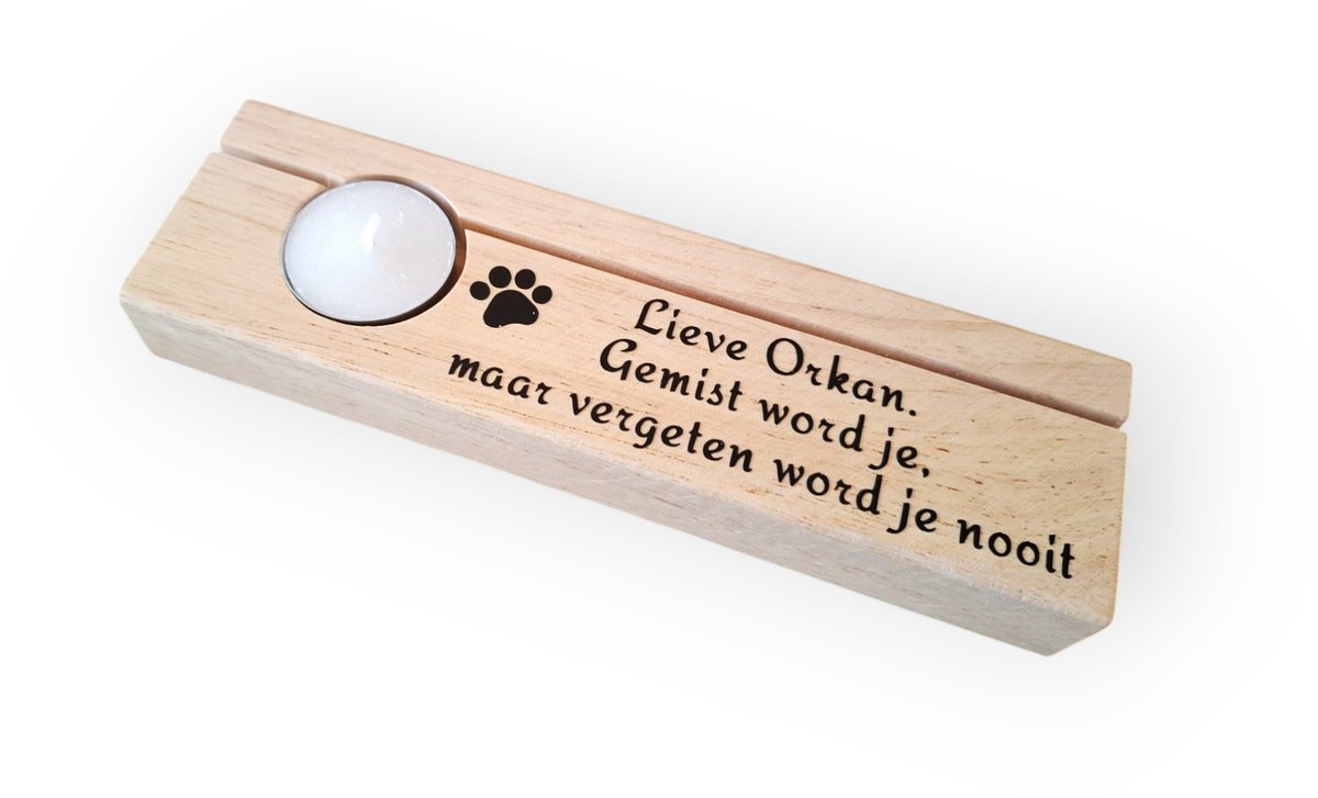 Persoonlijk gedenkplankje met naam dier pootje afscheid waxinelichtje houder kaarthouder foto