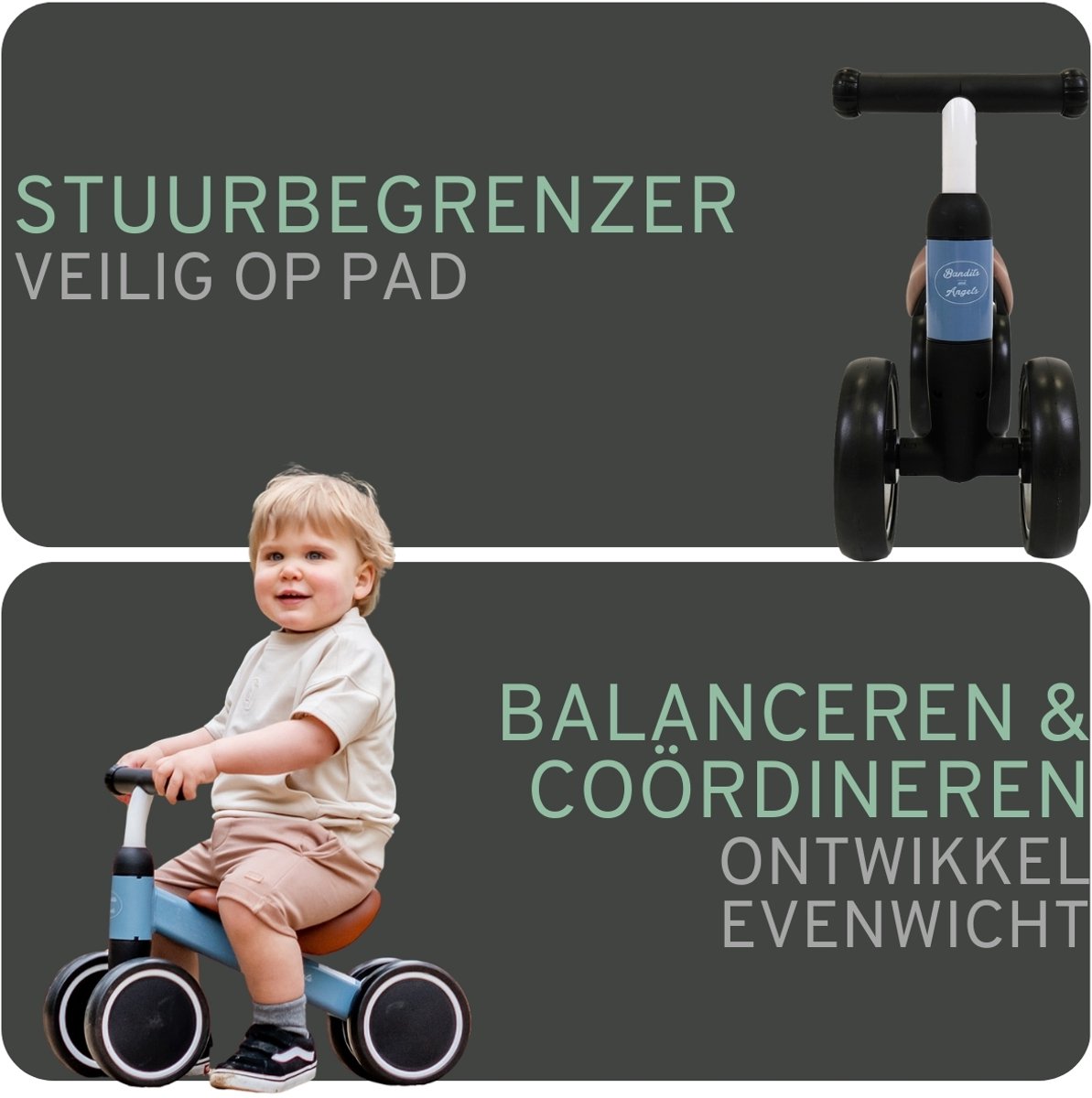 Bandits & Angels Loopfiets Little Starter Petrol Blauw vanaf 1 Jaar voor Jongens en Meisjes - Metaal - Blauwe Loop Fiets - Compact en Veilig voor Binnen en Buiten — afbeelding 6