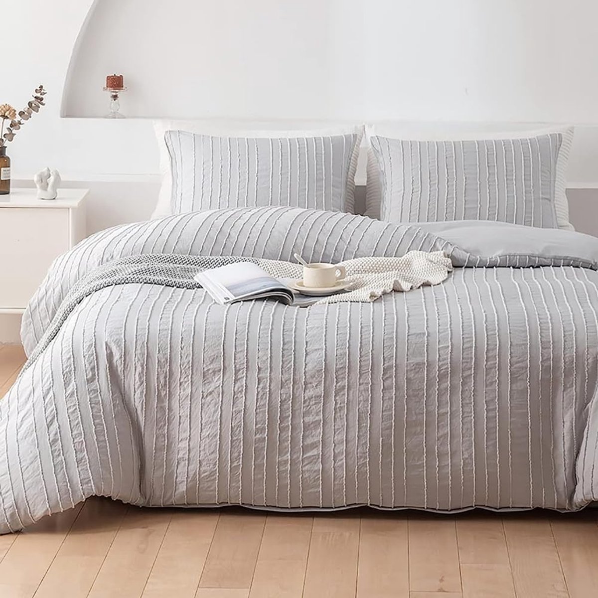 My Ninki ® Boeiende Boho-Stijl Dekbedovertrekset met Getufte Grijze Strepen voor Comfortabel Slaapgenot grijs