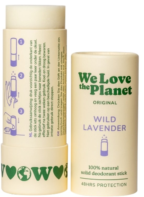 We Love the Planet Original Wild Lavender solid deodorant stick 40GR, een geopend product links en de verpakking rechts.